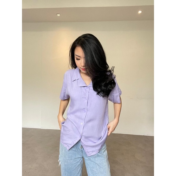 HAWAII SHIRT KEMEJA WANITA KATUN RAYON POLOS LENGAN PENDEK KERAH HEM KANCING TANGAN ALLSIZE GROSIR-5