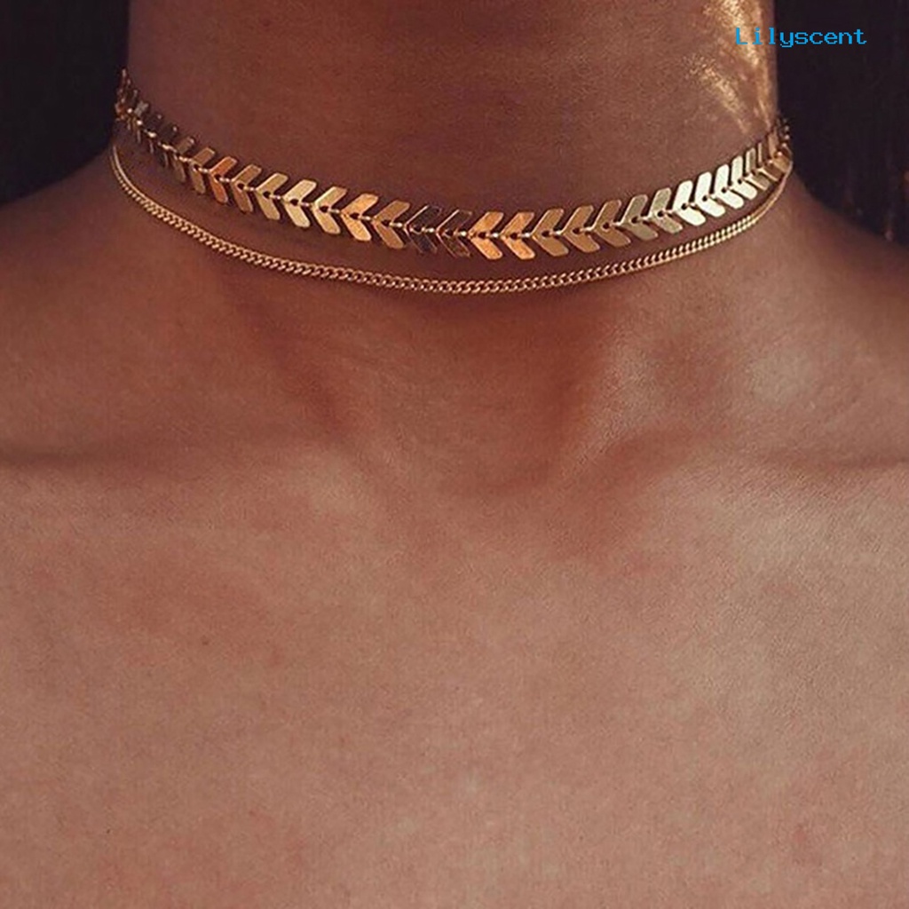 Kalung Rantai Choker Model Tulang Ikan Lapisan Ganda Untuk Wanita