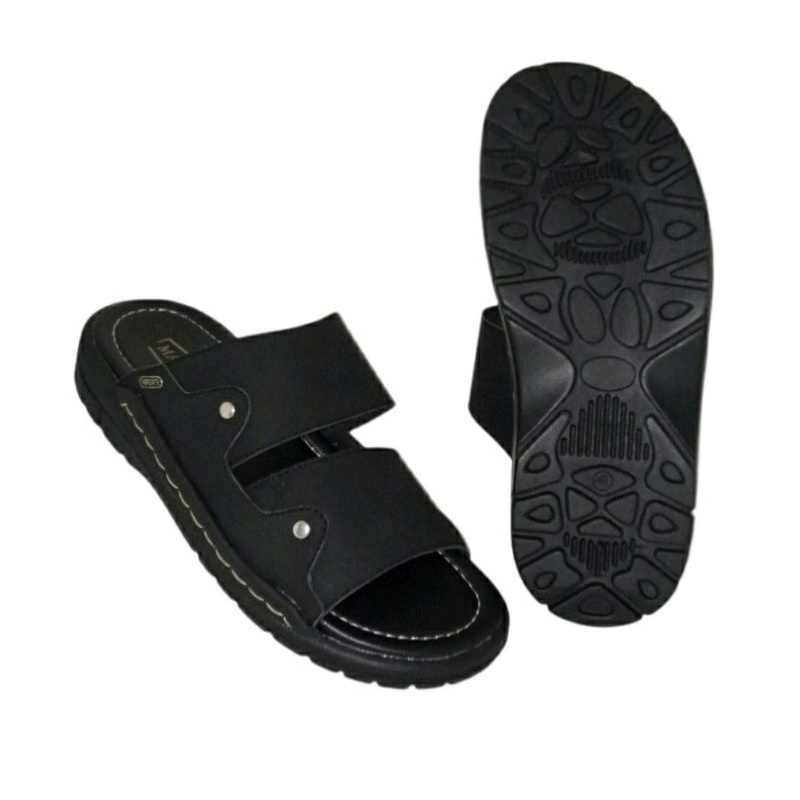 Original, Sandal KULIT Pria A4 Jepit Slide Cowok Bapak2 Model SLOP 38-44 Sendal Kulit Tebal Premium Hitam Black,44