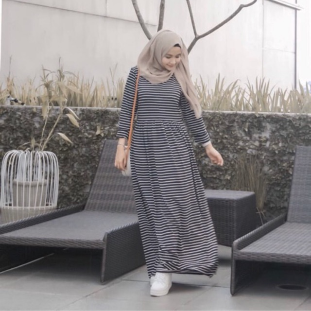 Sailor Dress. Gamis bahan kaos import. Lembut, halus, tebal. Motif Stripe