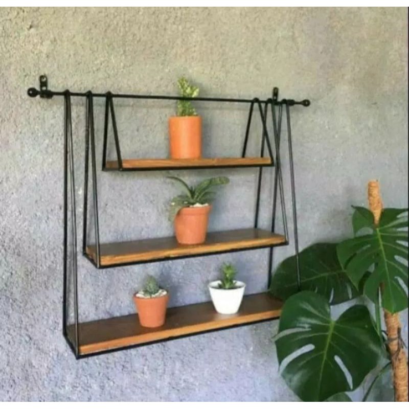 Rak Bunga Besi Model Ayunan Alas Kayu - Rak Bunga Besi 3 Susun - Rak besi Dinding Minimalis