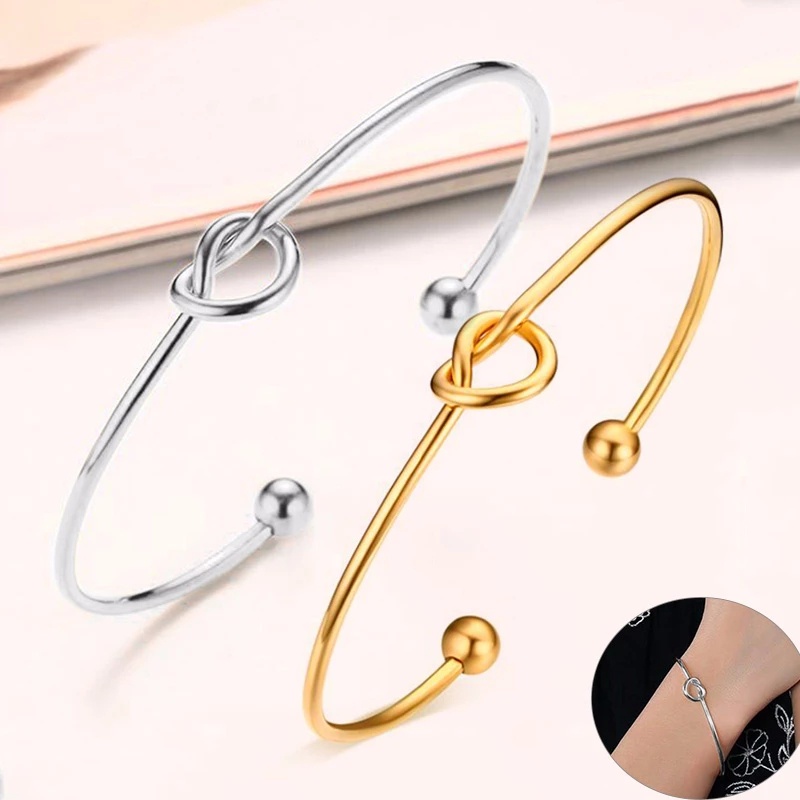 Gelang Bangle Open Desain Simpul Lingkaran Warna Gold Untuk Wanita