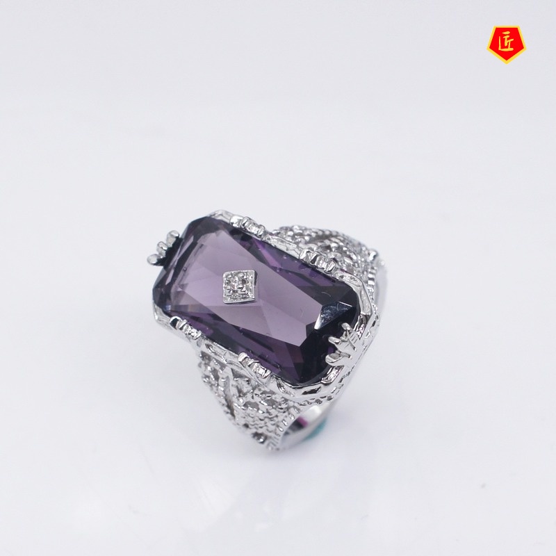 [Ready Stock]Fashion Personality Inlaid Chamfered Rectangular Amethyst Ring Exquisite