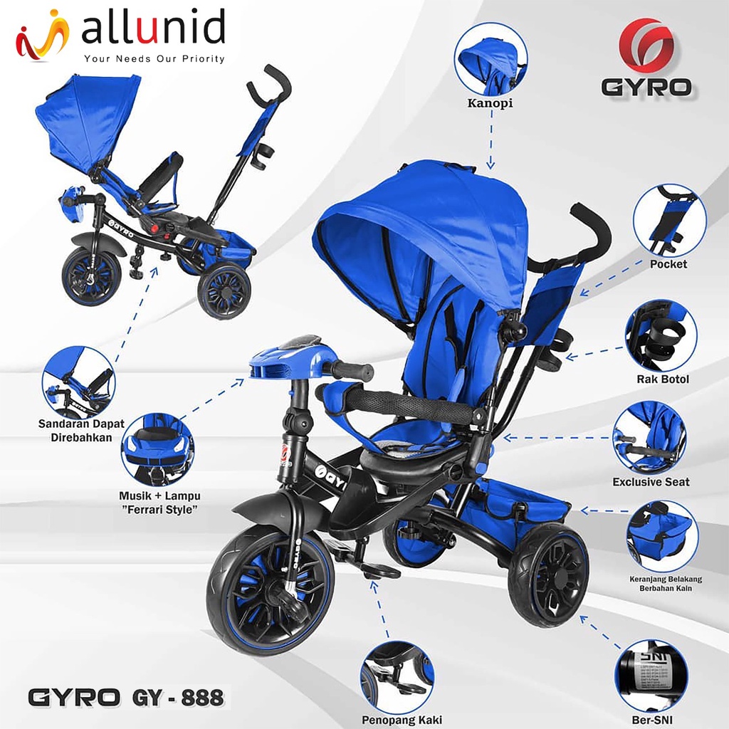 Sepeda Roda Tiga Anak Stroler GYRO ST GY 888 Tricycle Bike Lipat + Putar dan Kanopi SNI Garansi Termurah-2