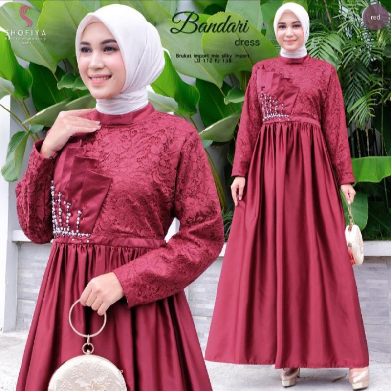DRESS GAUN PESTA LEBARAN SHOFIYA BANDARI DRESS BROKLAT IMPORT MIX SILKY IMPORT LD 112CM PJ 138CM/DRE