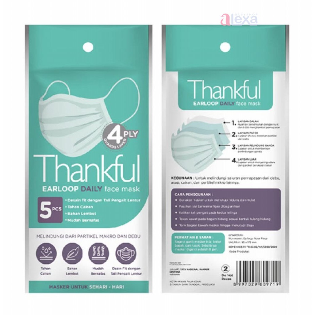 Thankful masker earloop 4 ply / masker medis sachet 5 pcs