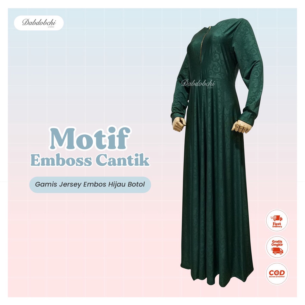 Gamis jersey embos print hijau botol