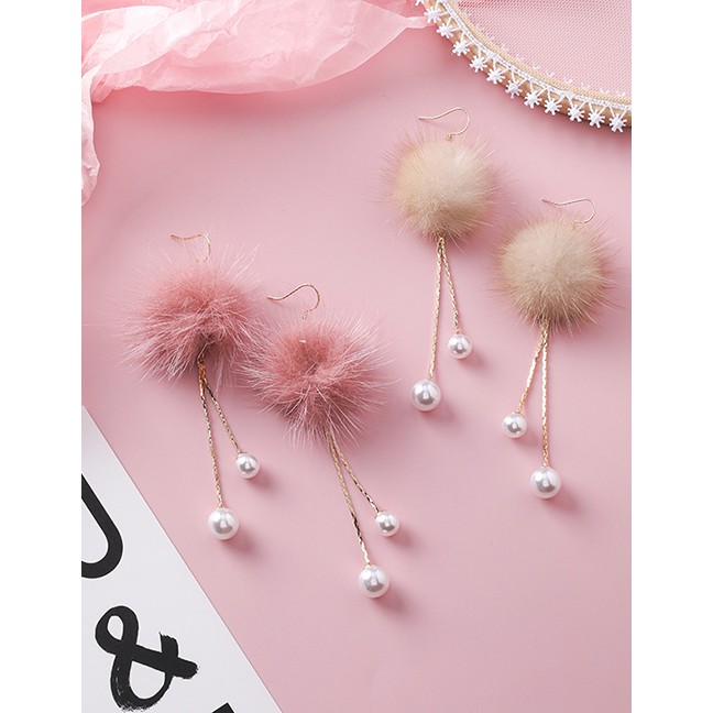 LRC Anting Gantung Fashion Pink Big And Small Pearl Tassel Hair Ball Earrings D59699