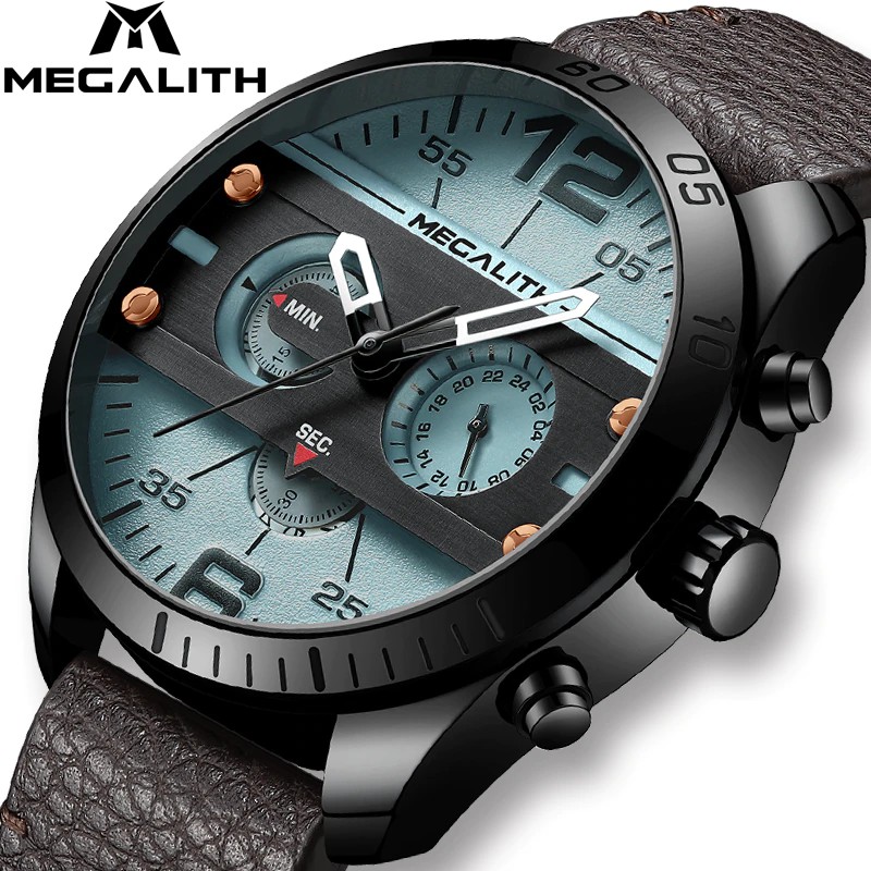 TERLARIS MEGALITH Fashion Sport Men's Watch Men Waterproof Multifunction Militray Leather Strap