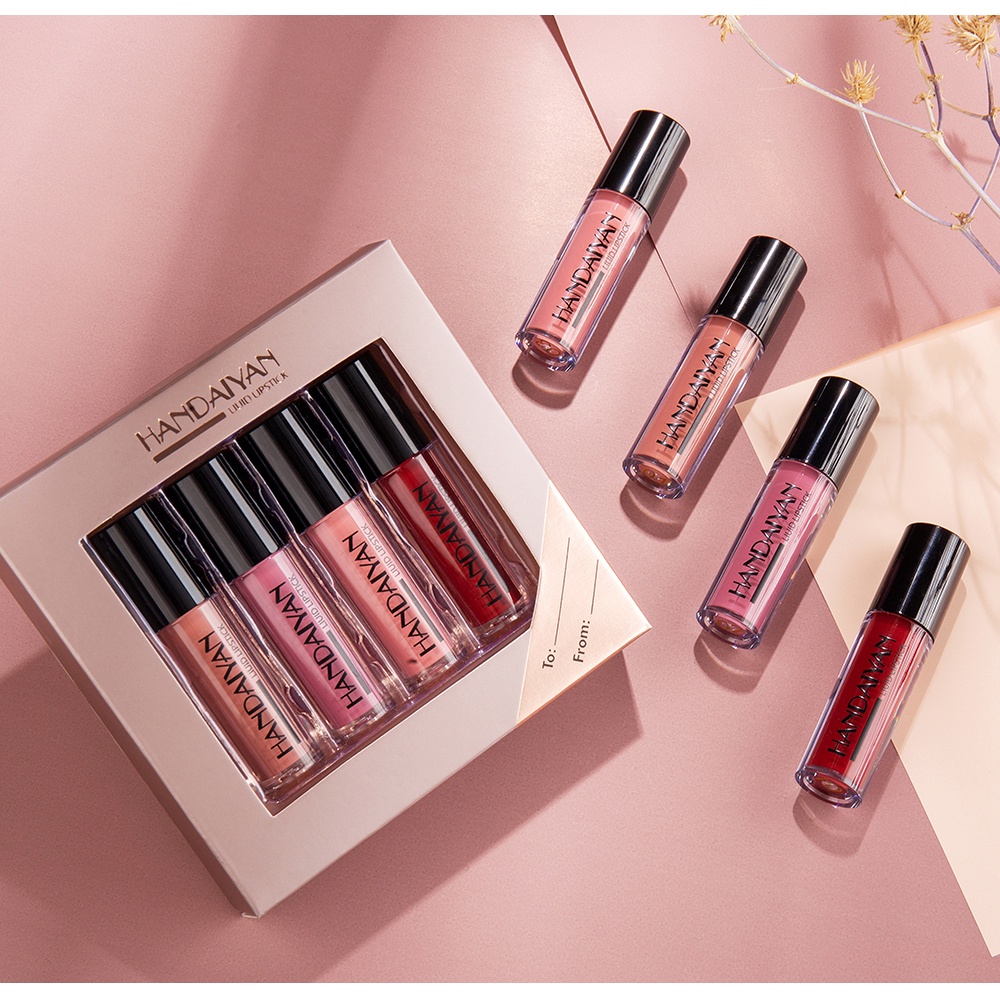 【Baru】handaiyan-Mate Liquid Lipstik Kit Makeup 4 Warna Kosmetik Makeup Tahan Air