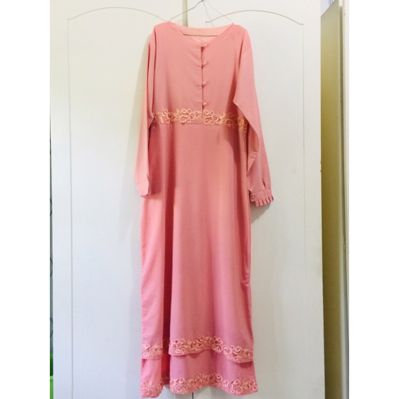 Preloved Gamis Chiffon Furing Set Khimar Cadar Bergo Corn Skin Non Pad Salem Peach