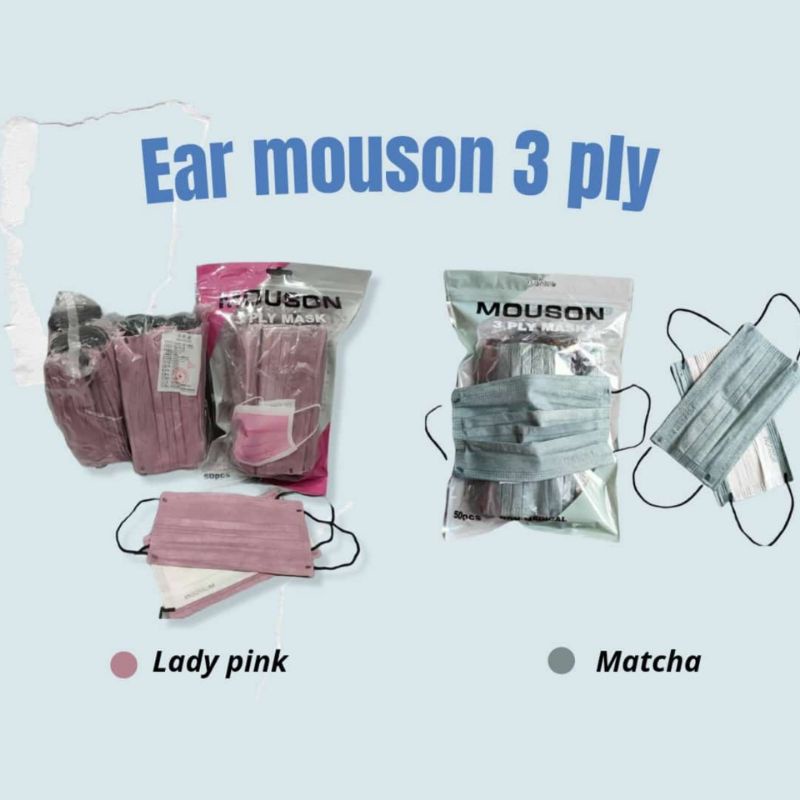 Masker 3 PLY MOUSON EARLOOP ISI 50 PCS / 3 WARNA LADY PINK MATCHA STERIL DAN AMAN