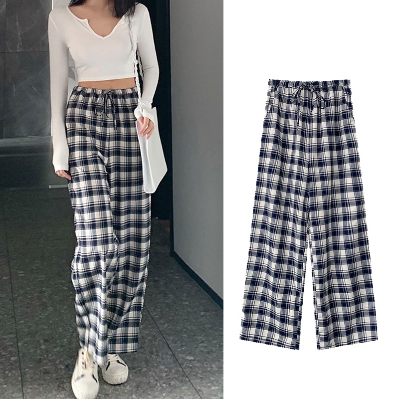 yikoo-Celana wanita kotak-kotak kasual longgar panjang celana kaki lebar wide leg pants