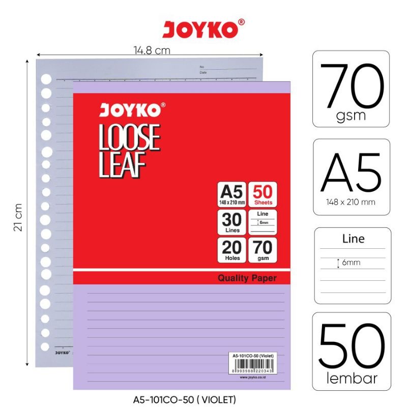 

JOYKO Loose Leaf A5 Warna A5-101CO Isi Kertas File Binder Warna Garis 70 Gsm Isi 50 Lembar