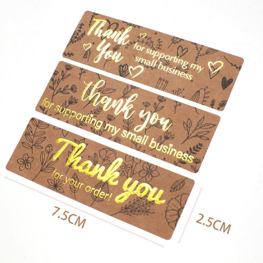 SOLIGHTER 120PCS/Roll 3x1 Inch Thank You For Supporting Stationery Kraft Paper Decals My Small Bussiness Package Decor Gift Hot Stamping Rectangle Leaves Floral Stickers Envelope Sealing Labels