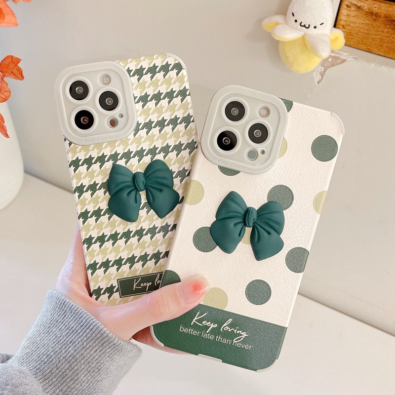 Dark Green Bow-knot Houndstooth Dots Case Hp OPPO A3S A31 F11 A5 A9 A53 A33 F9 A7 A5S A12 A11K A52 A92 A72 K3 K5 C1 Reno 3 2F 5 6 7 Pro A83 Realme XT VIVO Y93 Y91C Y50 Y20 Y12S Y11 Y12 Y15 Y17 Y30 Y30i Xiaomi Redmi Note 8 Pro 9T Women's Casing