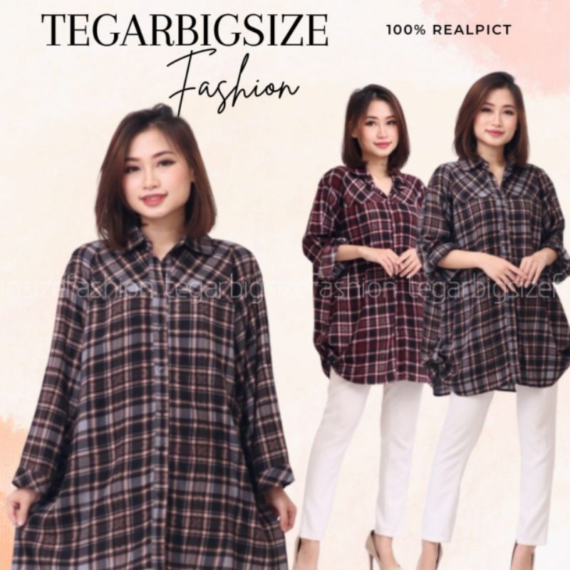 NULA Kemeja  Wanita Big Size LD130 Motif Kotak Kotak Bahan Katun  Atasan Wanita Jumbo