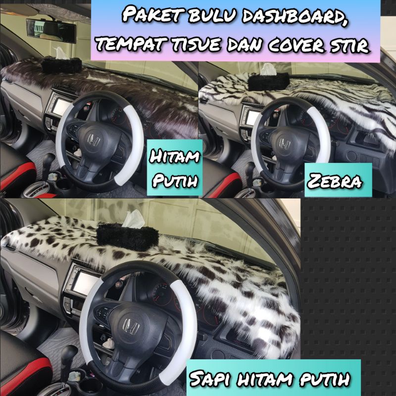 paket bulu dashboard, tempat tisue dan cover stir mobil merah hitam biru pink putih