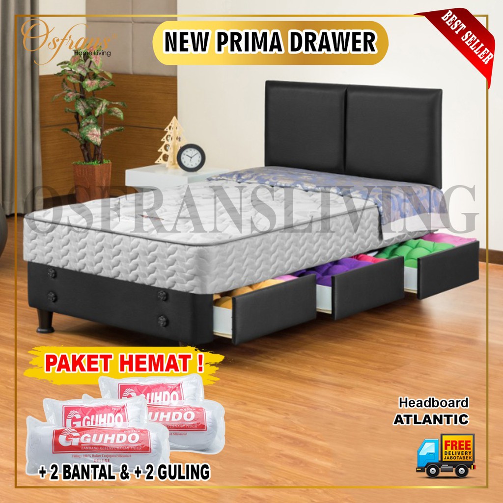 Guhdo Spring Bed 3 Laci New Prima Drawer Bed HB Atlantic FULL SET / TANPA SANDARAN 90x200 / 100x200 / 120x200 / 140x200 cm 90 X 200 100 X 200 120 X 200 140 X 200 SINGLE DOUBLE SINGEL DOBEL SPRING BED SET FULLSET FULL SET NEWPRIMA