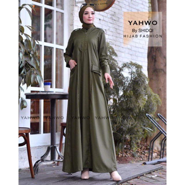 GAMIS KATUN TOYOBO FODU WARNA ARMY/GAMIS WANITA BEST SELLER/DRESS YAHWO ORIGINAL/GAMIS YAHWO  ORI/GAMIS BUSUY/BAJU GAMIS WANITA TERBARU/GAMIS kode R009