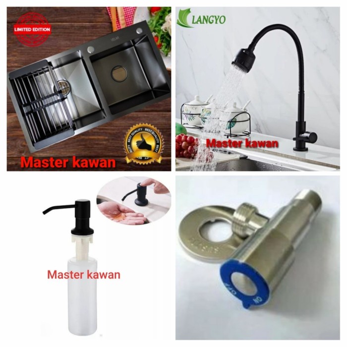 Wastafel - Paket Lengkap Kitchen Sink Stainless 2 Lubang Hitam /Bak Cuci Piring