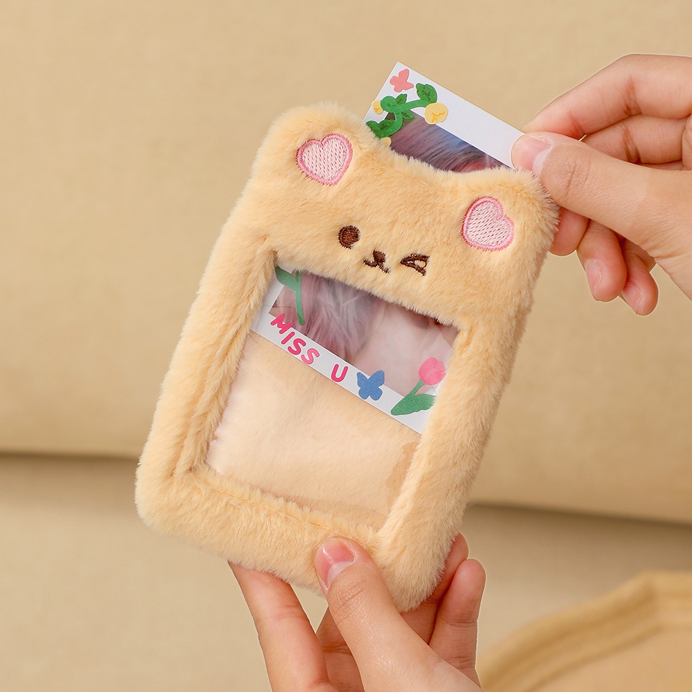 INS Plush Rabbit Photocard Holder dengan Keychain Cute Bear Credit ID Bank Card Bag Idol Photo Protective Case Stationery