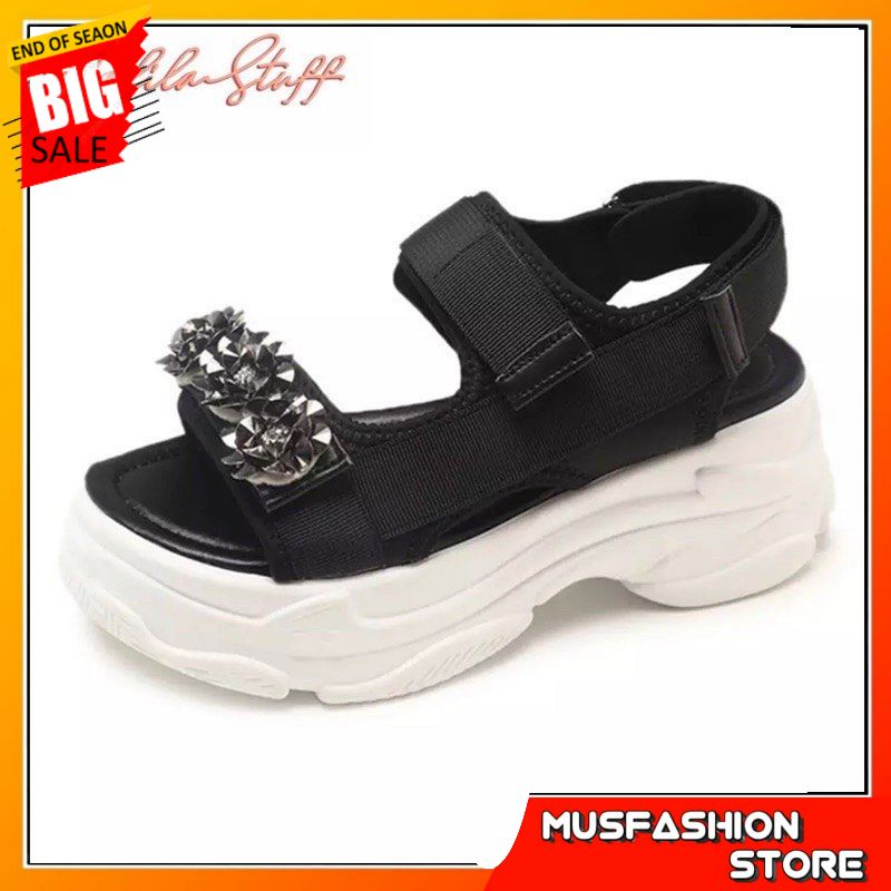 NADILASTUFF Sepatu Sandal Sendal Tali Gunung Wanita Platform Sparkle Flowers Terbaru Kekinian Import