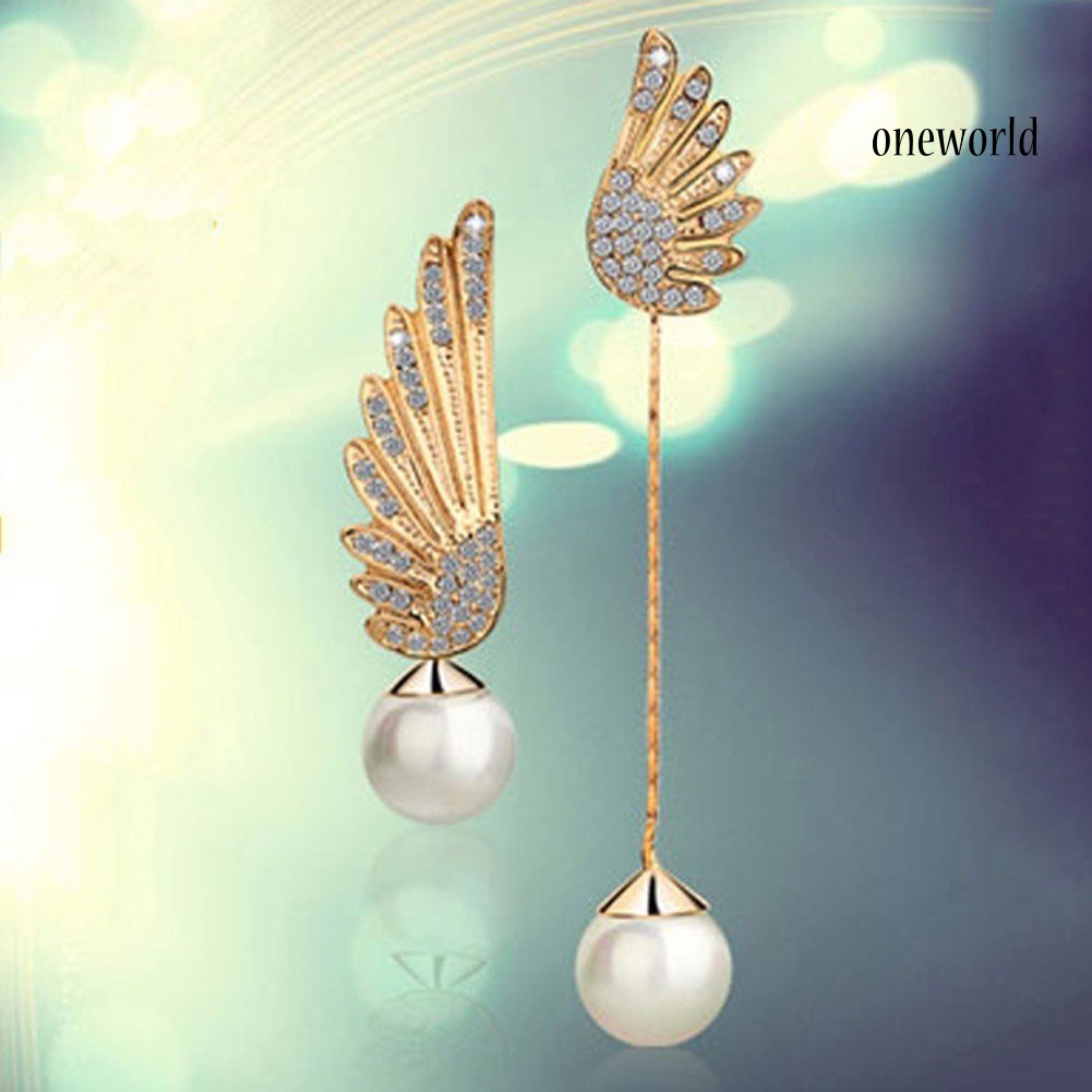 OW@ Asymmetric Rhinestone Inlaid Angel Wings Tassel Faux Pearl Women Stud Earrings