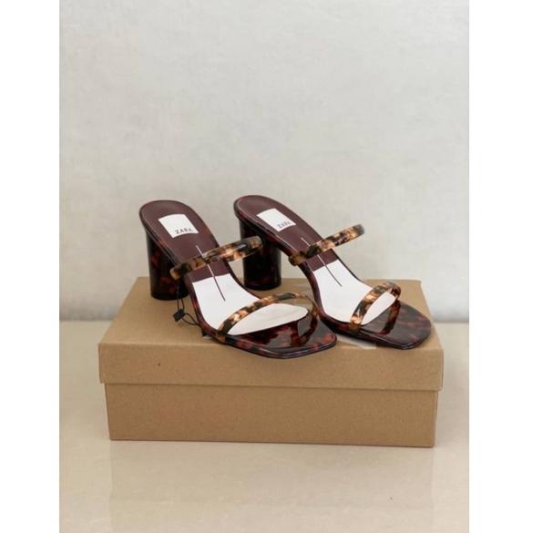 [KODE LEV9C] Sandal wanita|Zara Heels Vinyl & Leopard Double Straps Wanita Import Original Zs326