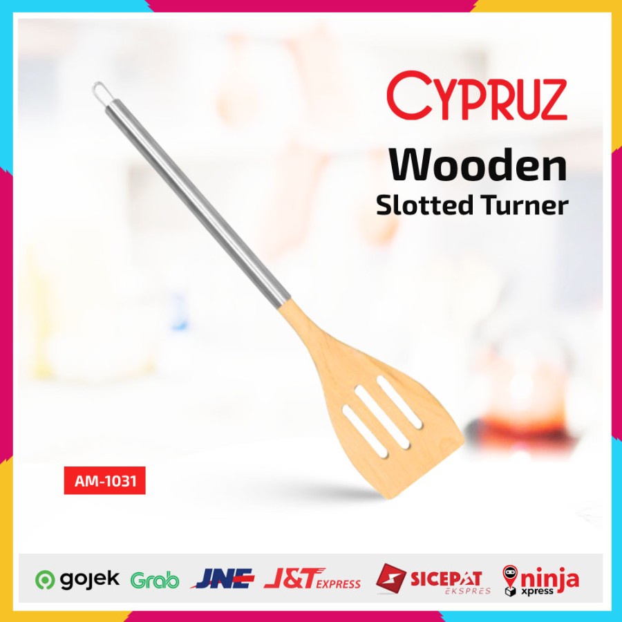 Spatula Cypruz AM-1031 Slotted Turner Sutil Kayu Gagang Stainless 36cm