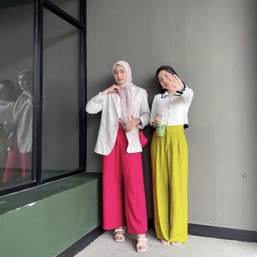 Celana Panjang Wanita Kulot Highwaist Loose Pants Yora Pants Premium Warna Stabilo Terbaru Fuschia