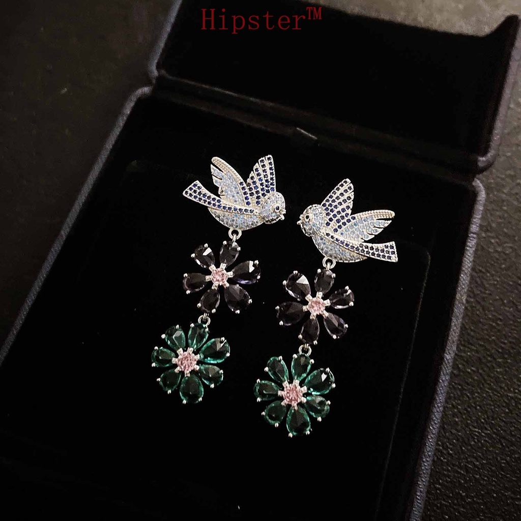 Luxury Vintage Flower Micro-Inlaid Full Diamond Bird Earrings