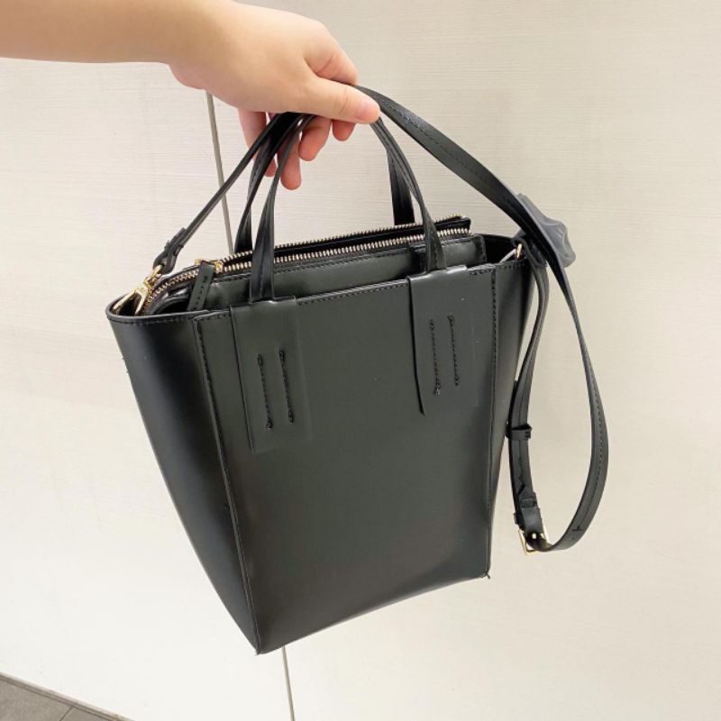 ZARA rectangular tote bag • beige canvas & black leather