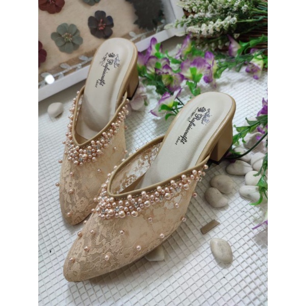 sepatu vanela  nude brukat cream mutiara gold tinggi 5cm tahu