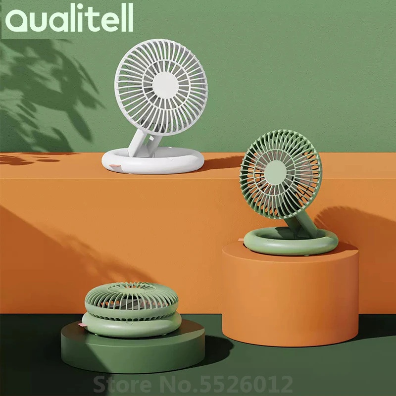 Qualitell Kipas Angin Lipat Foldable Desktop Fan USB Charging 2000 mAH rechargeable - White Black Bundar Desktop Fan Penyejuk Udara Putih Hitam Gantung Batrai Charger Premium