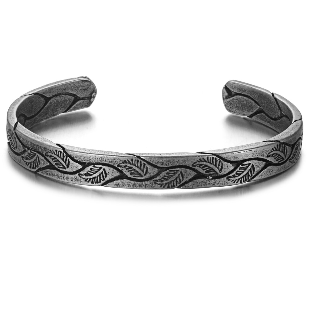 Gelang Model Terbuka Bahan Titanium Stainless Steel Desain Daun Warna Silver Gaya Antikretropunkviking Untuk Pria