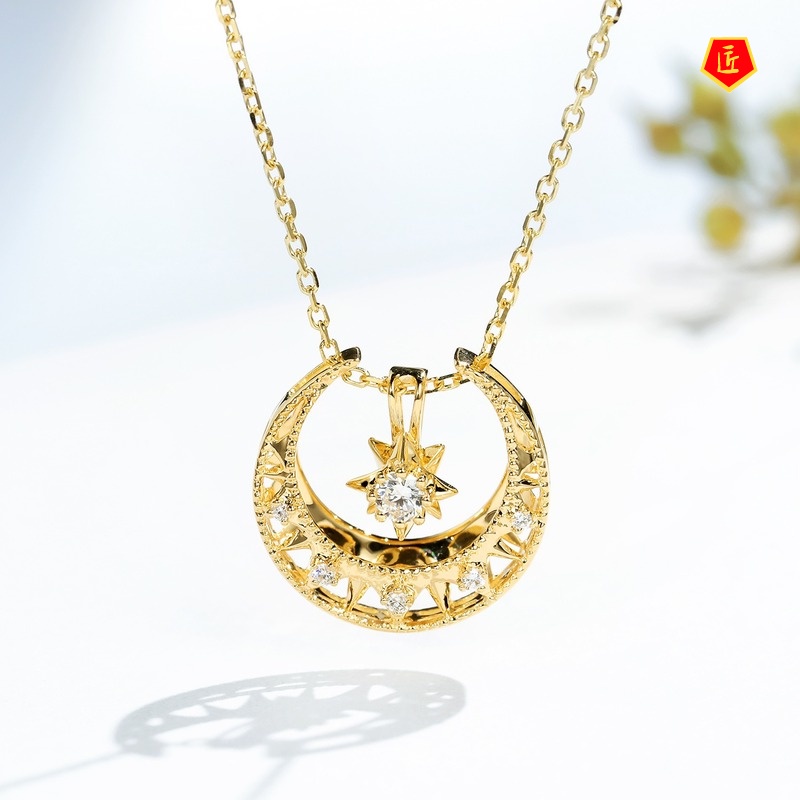 [Ready Stock]18K Golden Moon Necklace Inlaid Ruby Gold Pendant Women's Detachable Multi-Purpose