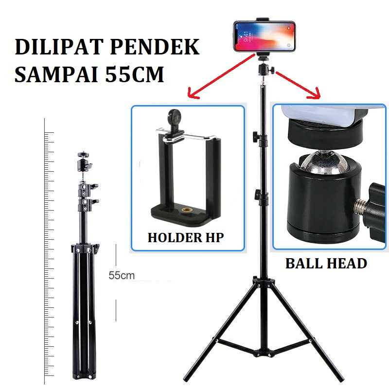 Tripod HP Handphone 2 Meter Besi plus Holder Head Miniball Tripot 2.1M Holder Miniball