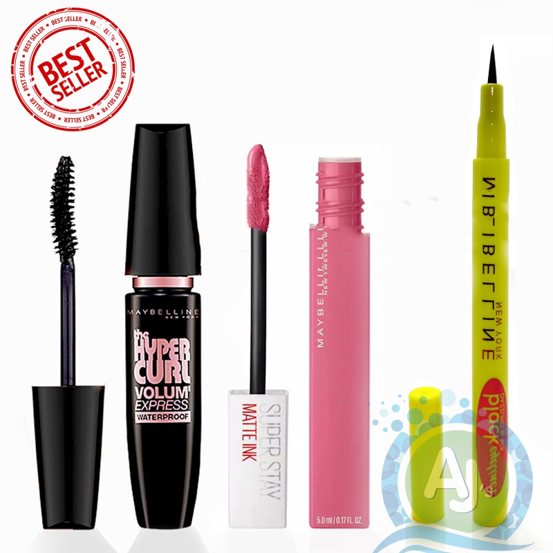 Paket Extra Hemat : Maskara Hypercurl + Lipcrem Color Random + Eyeliner Maybelline