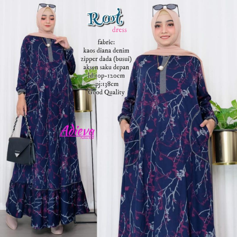 Gamis Motif Root Dress Original Adieva Mat Kaos Diana Denim