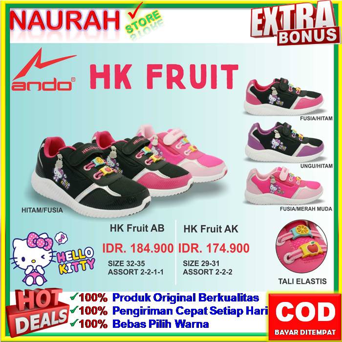 SEPATU ANDO ANAK HELLO KITTY HK FRUIT SNEAKERS ANAK 100% ORIGINAL KUALITAS IMPORT ANTI SLIP AWET SOL NYAMAN EMPUK