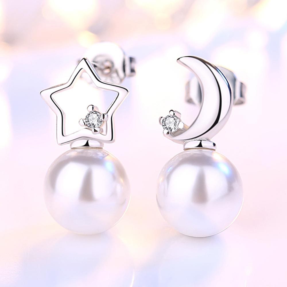 925 Perak Anting Anting Wanita Manis Star Moon Ear Fashion Perhiasan/Subang Telinga anting perempuan