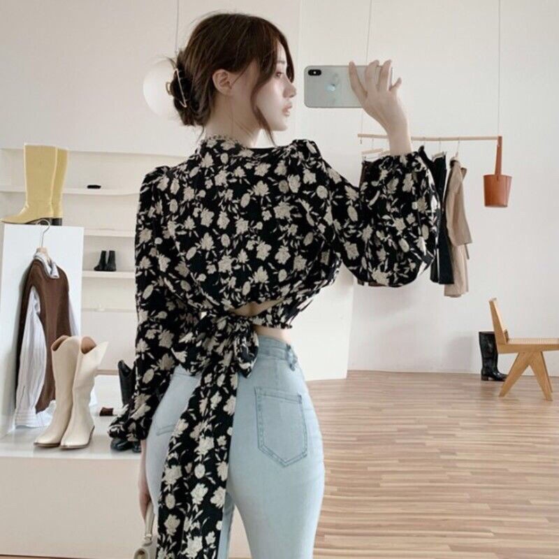 Hong Kong style retro V-neck shirt lace-up waist-controlled long sleeve floral shirt for women