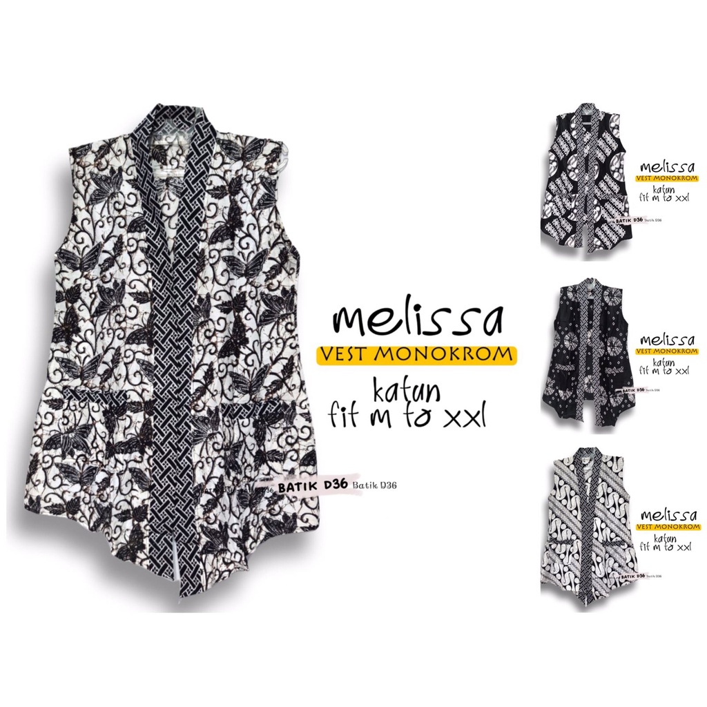 Vest MELISA Monochrome Cardi Batik Cap Outer Panjang Tanpa Lengan 4 Motif Kekinian Simple Katun Melissa Kombinasi