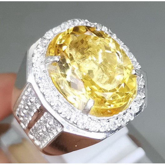 Batu Akik Kecubung Emas Yellow Citrine Kinyang Emas Ring Perak Asli 925 Bisa COD