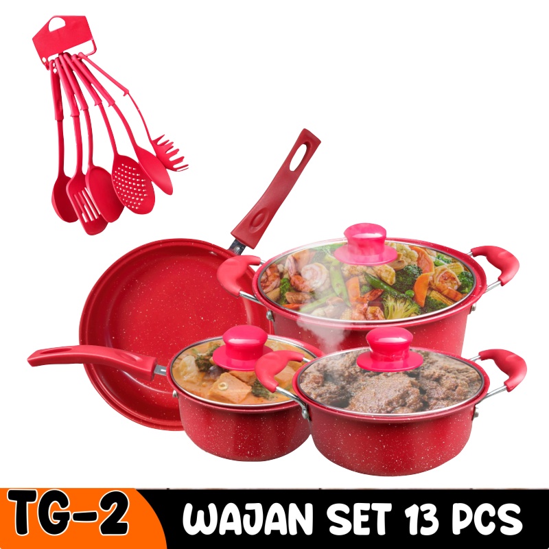 Panci 1 Set Teflon Marble 13 Pcs Cookware Set Tutup Kaca - WORLDDEKOR