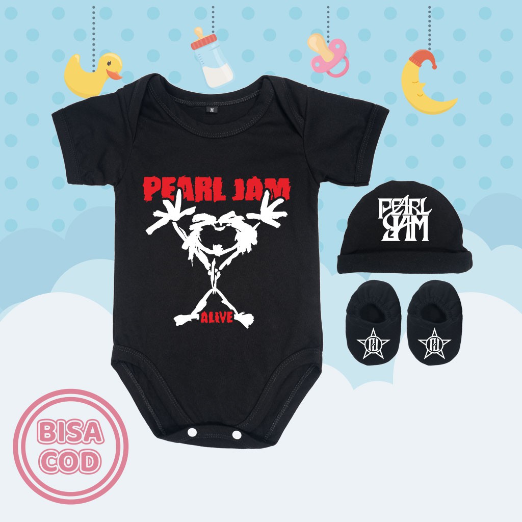 Baju Kodok Jumper Bayi Set Sepatu dan Topi Band Musik Grunge Pearl Jam Alive