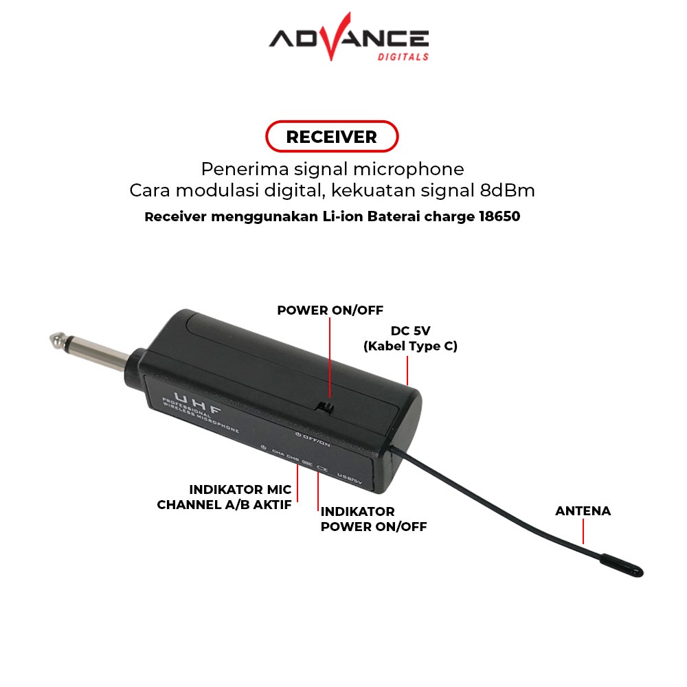 Advance Digitals MIC-104 Mic Profesional UHF Wireless Microphone Garansi Resmi Advance Digitals Karoke