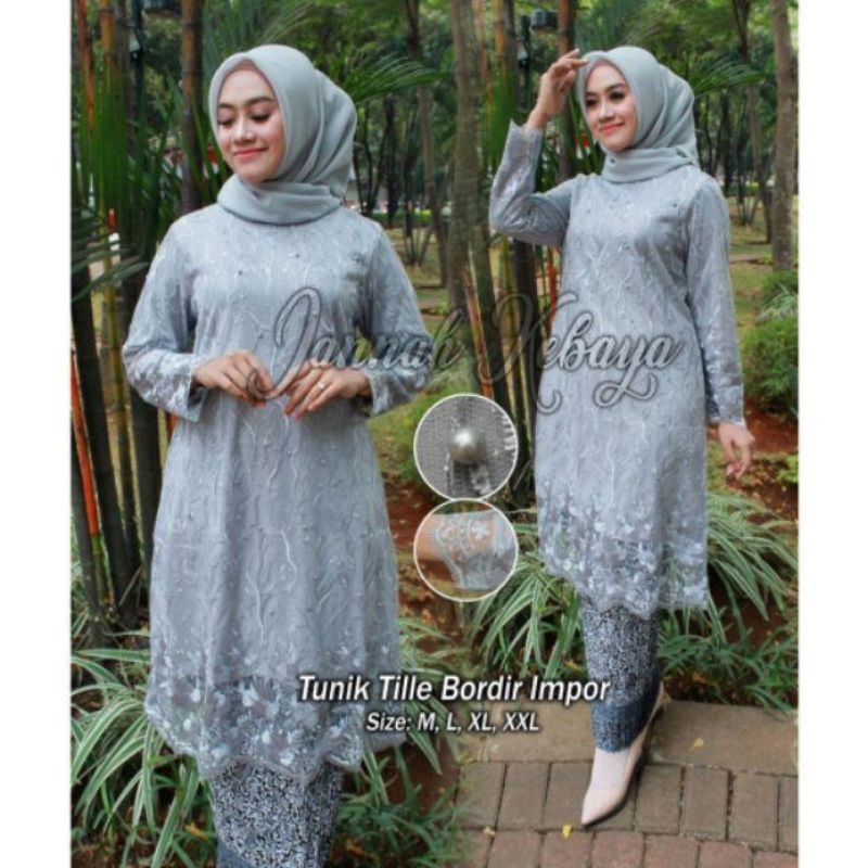 Set Kebaya Tunik Tulle bordir Mutiara- Baju Kebaya Modern - Kebaya Pesta-1