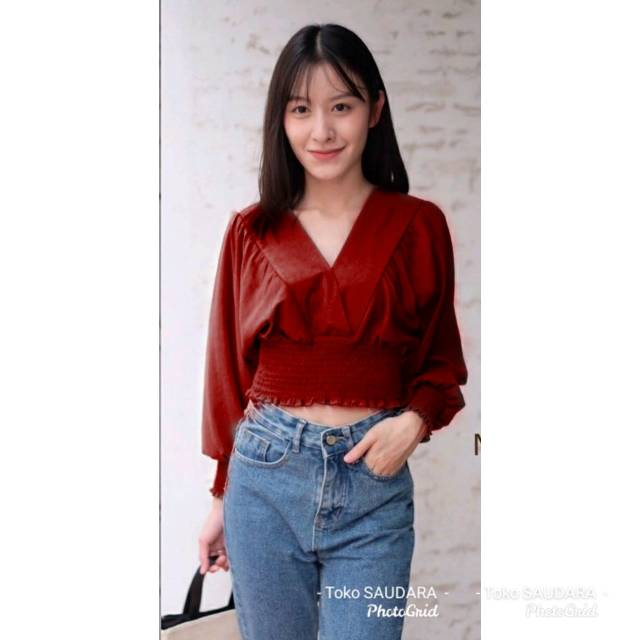 Blouse v neck lengan panjang kerut pinggang